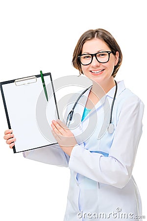Beautiful Doctor shows blank sheet of paper Stock Photo
