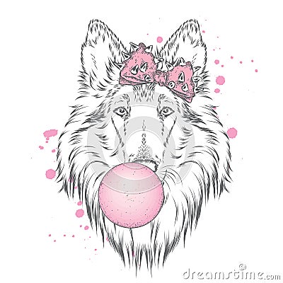 A beautiful dog with a bow blows a cud. Purebred puppy. Collie. Vector Illustration