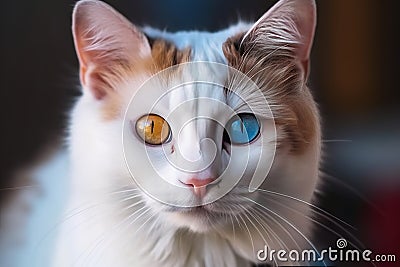 Beautiful domestic cat with complete heterochromia, blue and brown eyed Generative AI. Stock Photo