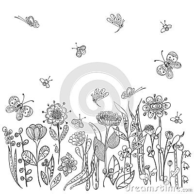 Beautiful doodle grass and flowers silhouette Vector Illustration