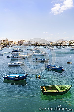 Beautiful downtown of Arrecife with many boats floating on blue water, Lanzarote, Canary Islands, Spain Editorial Stock Photo