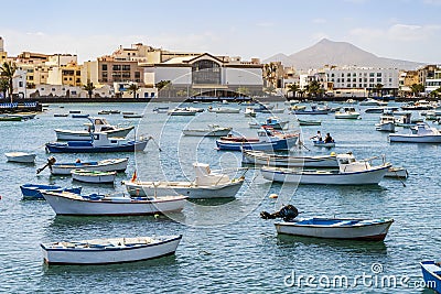 Beautiful downtown of Arrecife with many boats floating on blue water, Lanzarote, Canary Islands, Spain Editorial Stock Photo