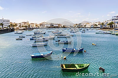 Beautiful downtown of Arrecife with many boats floating on blue water, Lanzarote, Canary Islands, Spain Editorial Stock Photo