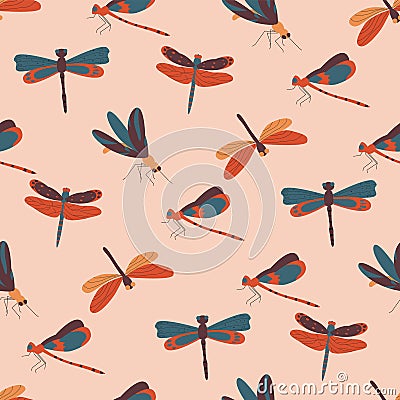 Beautiful dragonflies with colorful wings seamless pattern. Flat vector illustration Vector Illustration