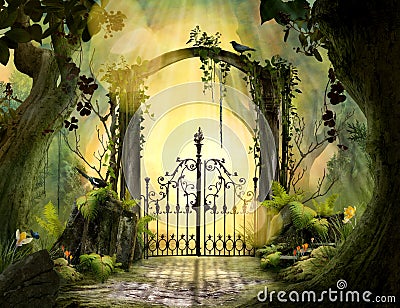 Beautiful dreamy landscape Archway in an enchanted garden Stock Photo