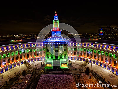 Aerial drone photo - Christmas lights on City Hall, Denver Colorado Editorial Stock Photo