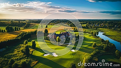 Beautiful drone photo of a golf resort summertime - Generative AI Stock Photo