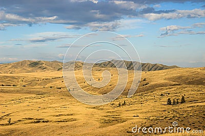 Beautiful dry Mongolian steppe with mountains rising in the distance. Stock Photo