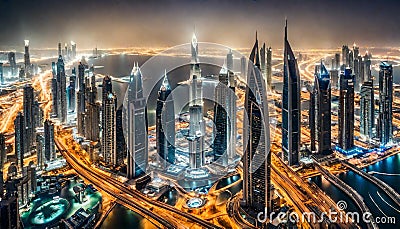 Beautiful Dubai cityscape, bird's eye view on a night Stock Photo