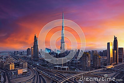 Beautiful Dubai skyline during colorful sunset Editorial Stock Photo
