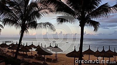 Beautiful dusk view with palm trees and thatched huts Mauritius. Stock Photo