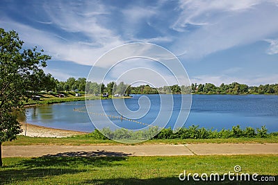 Beautiful dutch countryside landscape, cycle path, camping site swimming lake, forest - Ohe en Laak, Netherlands Stock Photo