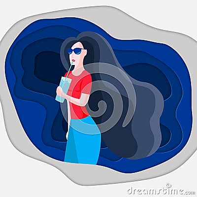 Beautiful dynamic girl with water. Young woman drinking water. The girl is drinking water. Sports girl. Flat design. Vector illust Cartoon Illustration