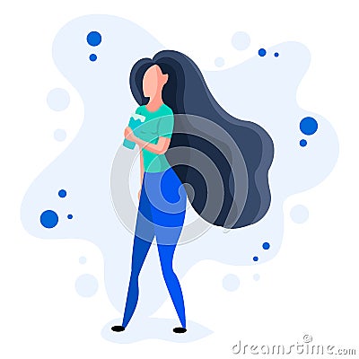 Beautiful dynamic girl with water. Young woman drinking water. The girl is drinking water. Sports girl. Flat design. Vector illust Cartoon Illustration