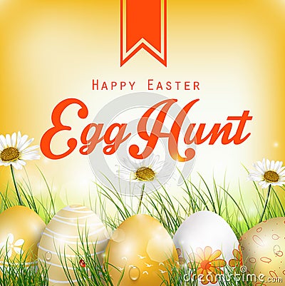 Beautiful Easter Background with flowers and colored eggs in the grass Vector Illustration