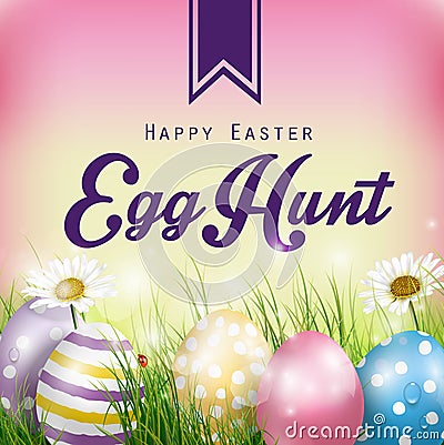 Beautiful Easter Background with flowers and colorful eggs in the grass Vector Illustration