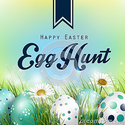 Beautiful Easter blue green Background with flowers and colorful eggs in the grass Vector Illustration