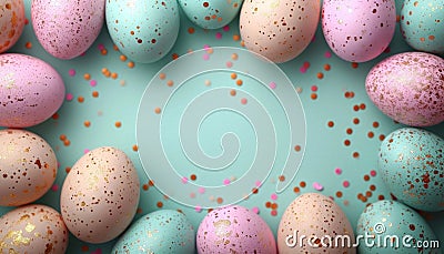 Beautiful easter border of pastel colorful eggs decorated golden paint on blue background Stock Photo