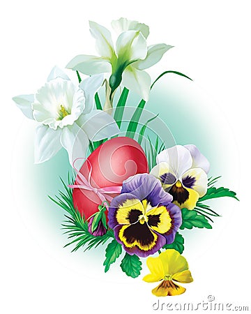 Beautiful Easter card with a red egg and flowers. Stock Photo