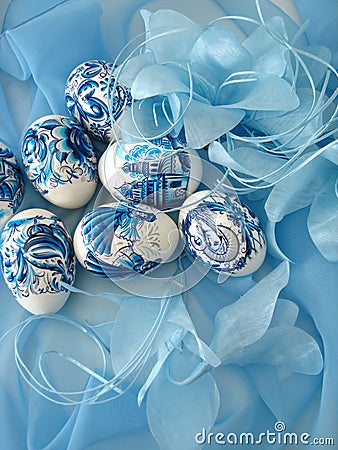 Beautiful easter eggs on blue Stock Photo