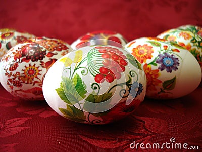 Beautiful easter eggs on red Stock Photo