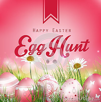 Beautiful Easter Red Background with flowers and colored eggs in the grass Vector Illustration