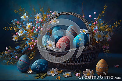 Beautiful Easter still life - painted eggs in a basket and bouquets of wild flowers on a blue background Stock Photo