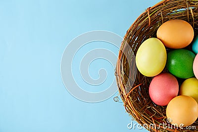 Traditional painted Easter eggs concept. Top view composition Stock Photo