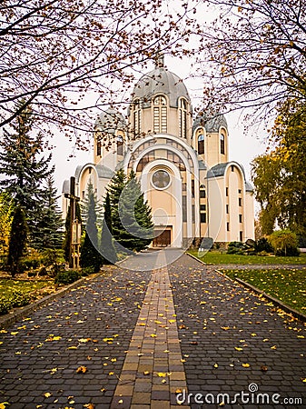 beautiful eastern church in fall - autumn leaves Stock Photo