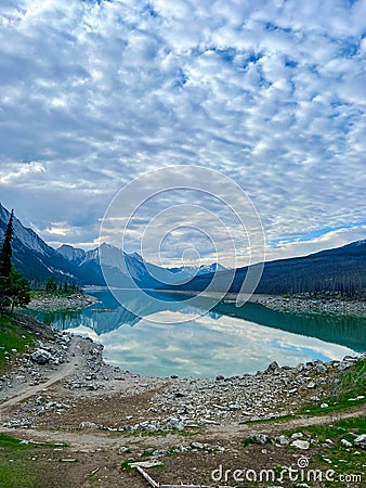 The beautiful Edith Lake along Maligne Road in Jasper National Park Stock Photo