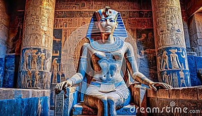 The beautiful Egyptian goddess-pharaoh Hatshepsut sits on a golden throne in the Dendera temple Stock Photo