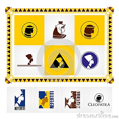 Beautiful egyptian logo and icons. Stylized silhouette Nefertiti and Cleopatra. Stock Photo