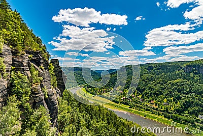 Elbe river valley with sandstone towers, Saxon-Bohemian sandstone region, Bohemian Switzerland, Czech republic Stock Photo