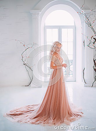 Beautiful elegant blond woman princess standing. Model in white interior classic vintage medieval room french window Stock Photo