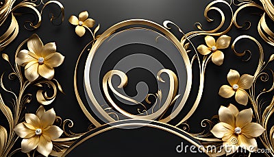 Beautiful elegant frame with gold on an elegant black background, congratulations on your wedding day. Cartoon Illustration