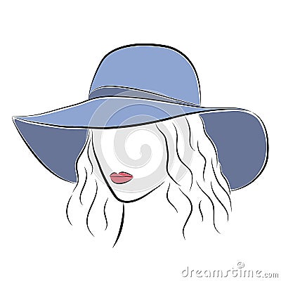 Beautiful elegant lady in the blue wide-brimmed hat. Vector Illustration