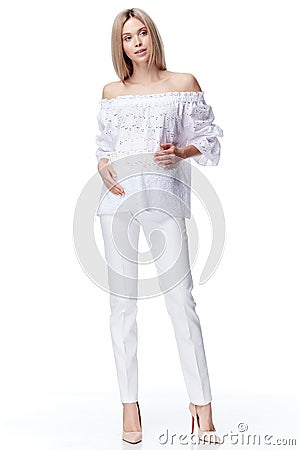 Beautiful elegant pregnant woman blond hair wear style fashion b Stock Photo