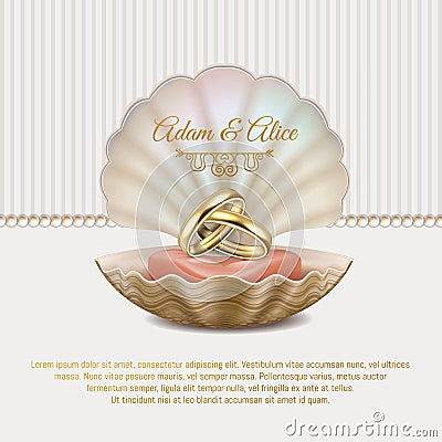 Beautiful elegant premium wedding invitation in white and gold colors, with wedding golden rings in a sea shell and Vector Illustration