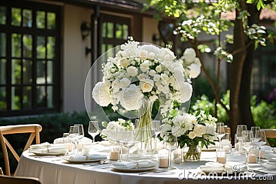 Beautiful elegant romantic wedding dinner decor in white tones. Table with plates and flower arrangements with roses Stock Photo