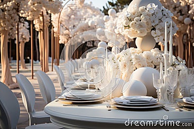 Beautiful elegant romantic wedding dinner decor in white tones. Table with plates and flower arrangements with roses Stock Photo