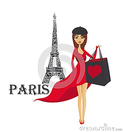 Beautiful elegant women Shopping in Paris - banner Vector Illustration