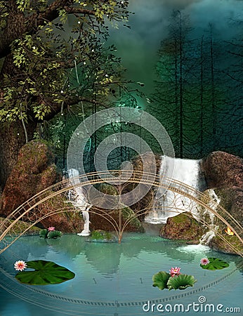 Beautiful elf bridge in the enchanted forest Stock Photo