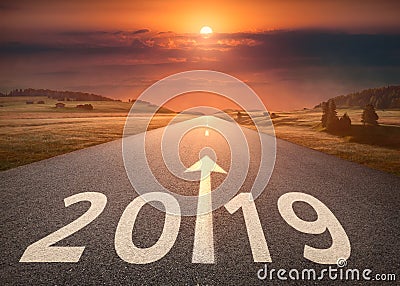 Beautiful empty highway to upcoming 2019 at sunset Stock Photo