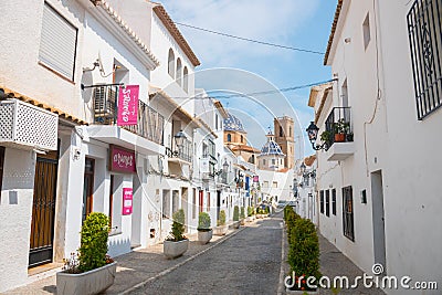 Beautiful empty typical street in Altea, Costa Blanca, Valencian Community, Spain Editorial Stock Photo