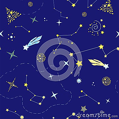 Beautiful endless cosmic pattern with constellations, planets, comets on the blue background. Vector illustration Vector Illustration