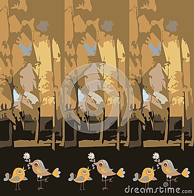 Beautiful endless pattern with funny birds in love and autumn forest. Print for fabric,tile, wallpaper, wrapping design. Vector Illustration