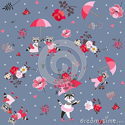 Beautiful endless pattern with funny raccoons, lovely kitten with umbrella, cakes, leaves and garden flowers Vector Illustration