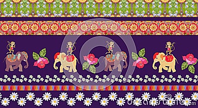 Beautiful endless striped pattern with cute cartoon elephants and monkeys, flowers and ethnic ornament. Stock Photo