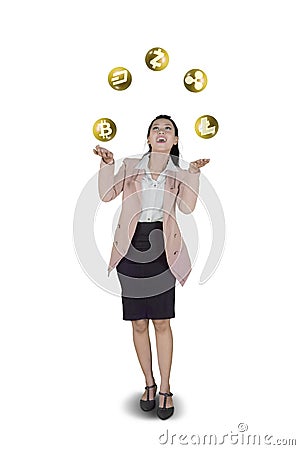 Beautiful entrepreneur with Cryptocurrency symbols Editorial Stock Photo