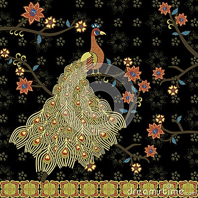 beautiful ethnic indonesian batik peacock and floral pattern Vector Illustration
